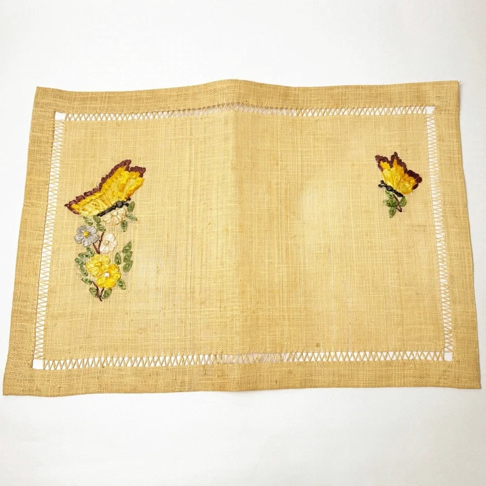 Vintage Woven Straw Embroidered Butterly Placemats